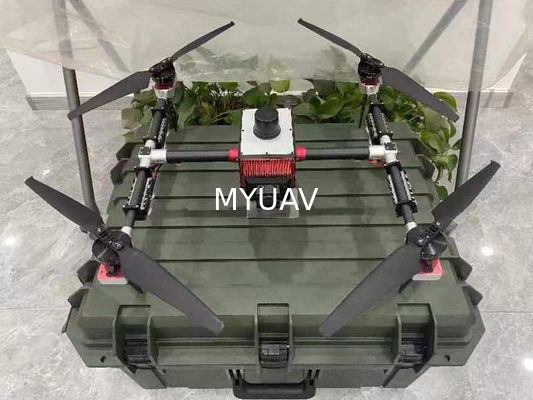 O UAV portátil MYUAV com iluminação de emergência pesa cerca de 3,2 kg e é resistente ao vento.
